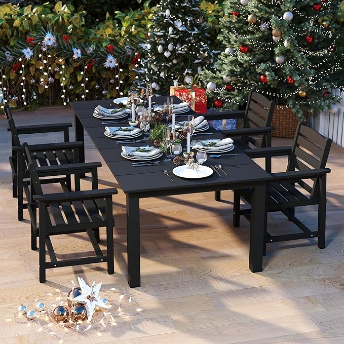 HDPE 5-Piece Outdoor Dining Set with 15FT Umbrella, White | All-Weather Patio Table and Chairs for 4, Fade-Resistant Patio Furniture Dining Set for Lawn, Garden, Deck, Backyard