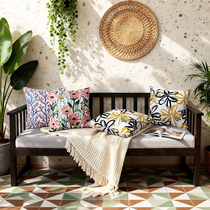 Floral Waterproof Outdoor Throw Pillow Covers 18x18 Inch Set of 2 | Pink Floral Pillow Cover, Summer Outdoor Decor Cushion Cases for Garden Patio Balcony Funiture Porch Couch Sofa