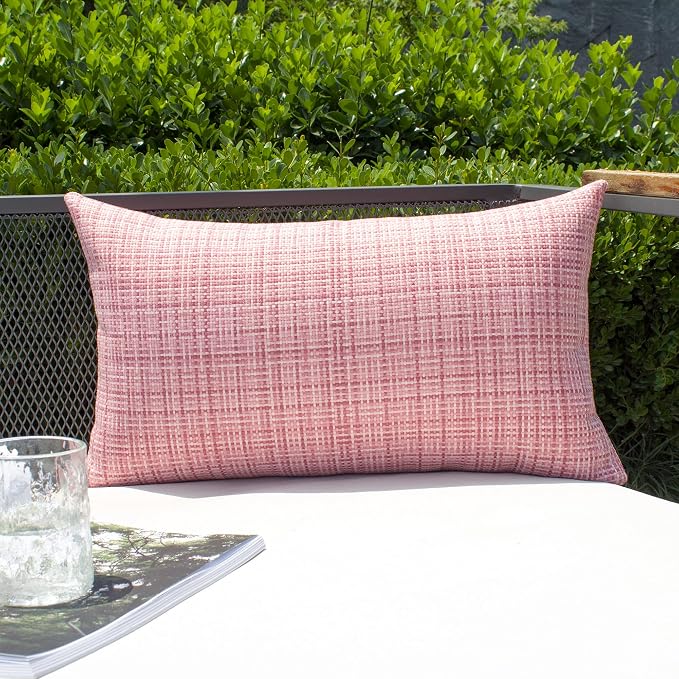 Kevin Textile Outdoor Waterproof 12"x20" Lumbar Pillow Covers 2 Pack, Pink | Water Resistant, Faux Linen Yarn-dyed, Woven Texture Throw Pillow Covers for Tent Patio Garden Couch Sofa
