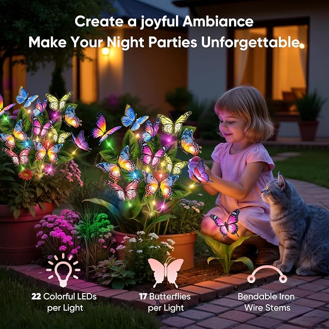 Solar Lights Outdoor Garden Decor: 4 Pack 68 Silk Butterflies with 88 Color-Changing LEDs - Auto On/Off 12H Magical Lighting IP65 Waterproof for Yard Patio Pathway - Unique Gifts for Mom Grandma