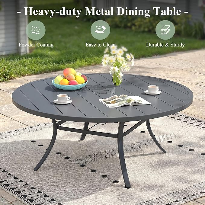 Outdoor Dining Table for 8, 60" Round Outdoor Table with Adjustable Umbrella Hole, All-Weather Metal Patio Dining Table for Lawn Garden Backyard Deck, Dark Grey