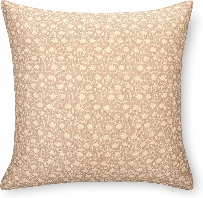 Modern Farmhouse California Casual Indoor Outdoor Throw Pillow Cover, 22"x22" Water Repellent for Patio, Backyard, Couch, Poolside, Ivory Cream Tan Print Botanical Flowers and Leaves