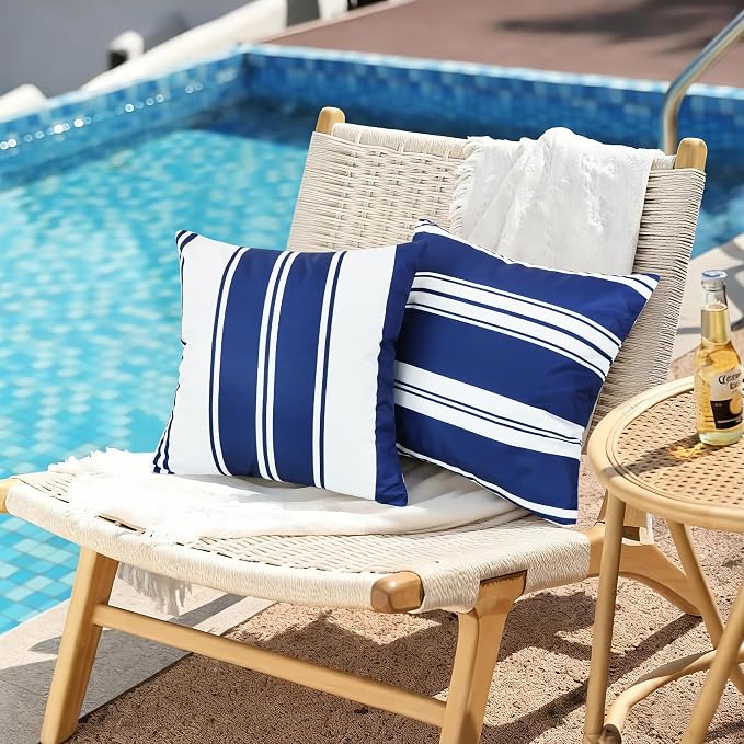 4 Pack Outdoor Waterproof Throw Pillow Covers 18x18 Inch | Striped Navy Blue Decorative Pillow Cover, Modern Outdoor Cushion Cases for Garden Patio Balcony Bench Couch Sofa