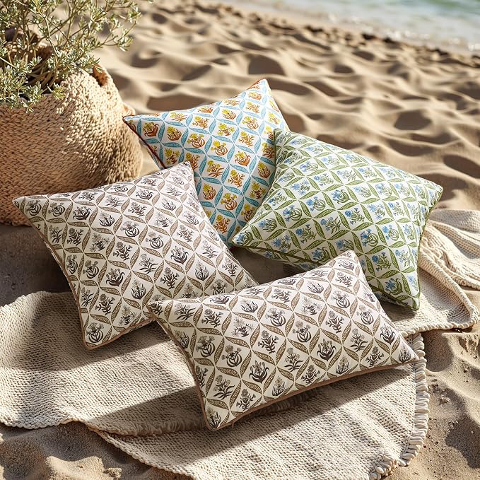 ANRODUO Floral Outdoor Waterproof Pillow Covers Set of 2 Brown 20x20 Inch | Square Block Print Decorative Cushion Cases With Refined Edge Piping for Summer Patio Porch Garden Couch Sofa Bench Decor