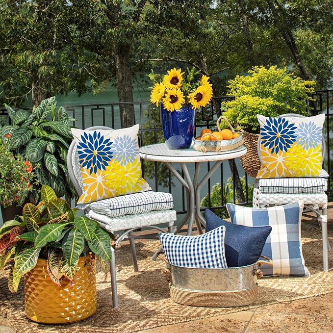 DFXSZ Pack of 2 Outdoor Waterproof Throw Pillow Covers 18x18 Blue Yellow | Polyester Colorful Spring Summer Floral Decorative Cushion Cases(NO INSERT),For Couch Patio Funiture Garden Home Decor