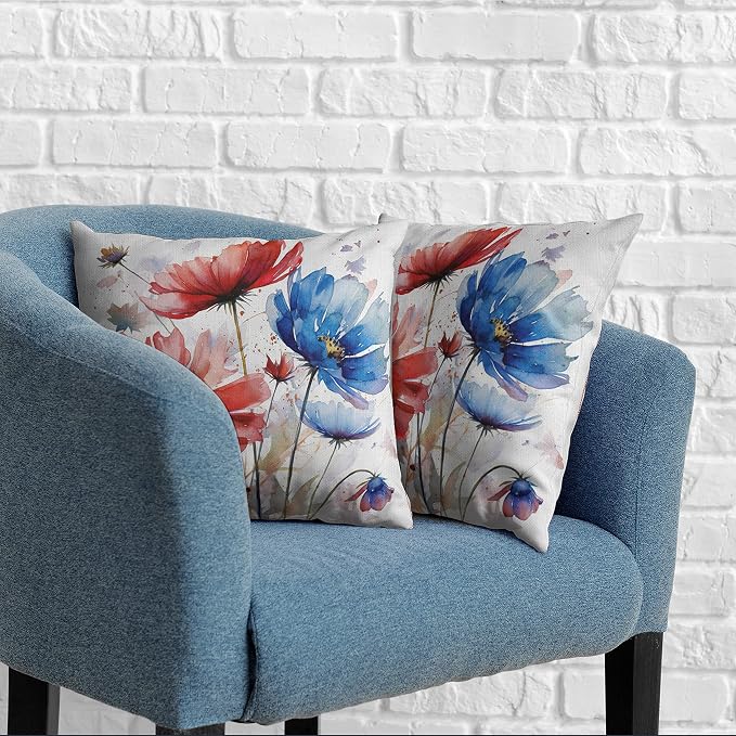 Summer Daisy Flower Throw Pillow Covers Watercolor Red Blue Floral Pillow Covers 20x20 for Living Room Home Decor Outdoor Modern Art Linen Cushion Covers