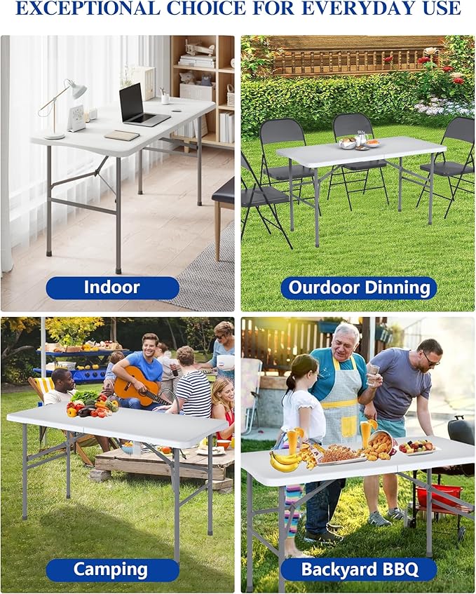 4FT White Folding Table for Outdoor, 4 Foot Picnic Tables No Assembly Required Portable, White Foldable Table for Camping, Parties, Meeting, Events, Wedding, BBQ, with Carrying Handle