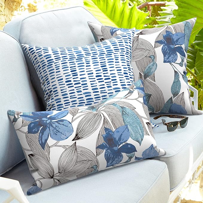 Outdoor Lumbar Pillows 12x20 inch, Rectangle Throw Pillows with Inserts, Decorative Lumbar Cushions for Patio Furniture Garden Couch Home Sofa Office Chair, Pack of 2, Clemens Noir Blue