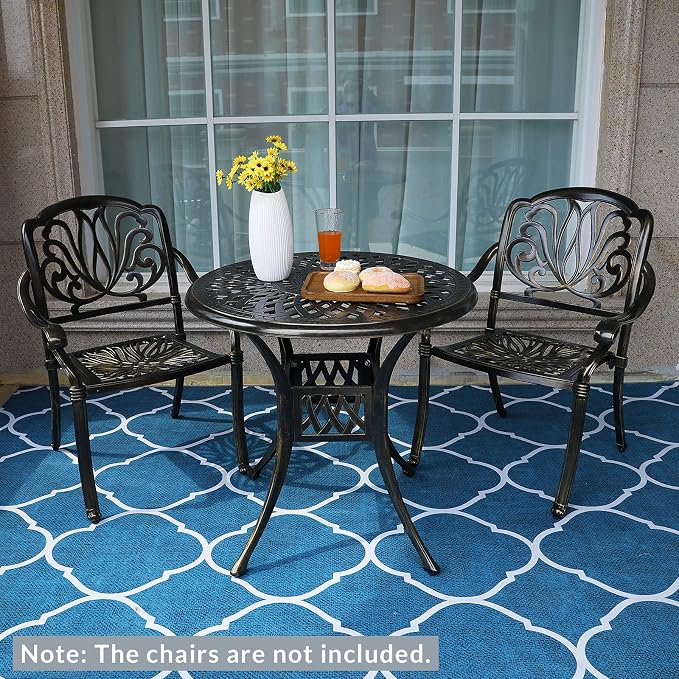 MEETWARM 31" Round Patio Bistro Table, Outdoor Cast Aluminum Small Dinning Table with 2" Umbrella Hole, Dark Bronze