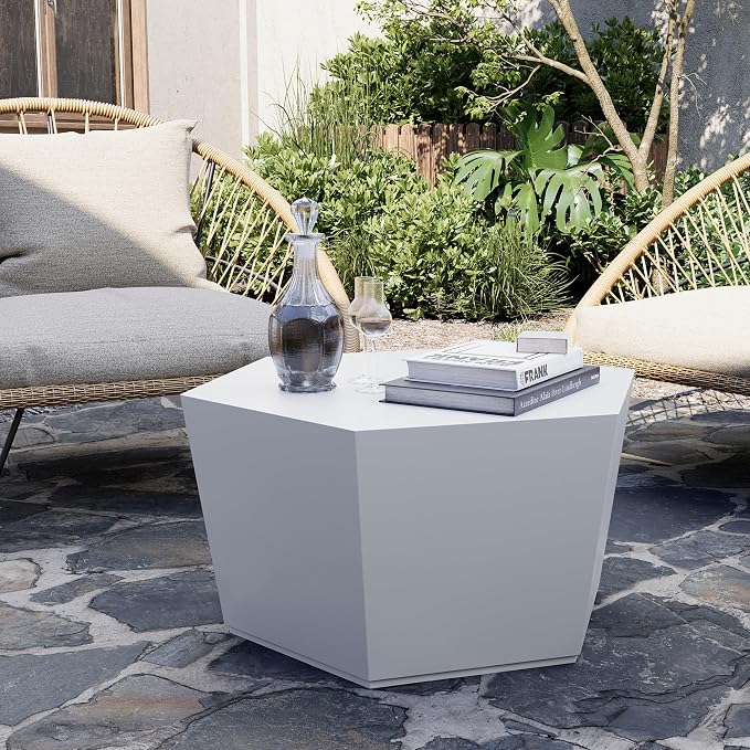 UPHA 28" Hexagon Outdoor Coffee Table, Modern Hollow Concrete Patio Table, Small Minimalist Low Accent Table for Living Room, Balcony, Deck, Backyard, Pure White