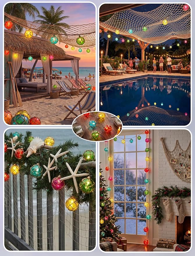 8.5 Ft 10L Multicolor Nautical Fishing Float String Lights Set of Fish Net | Waterproof,Plug in Beach Themed Buoy Lights for Indoor Party, Tiki Bar, Home, Camping Outdoor Patio Decorations