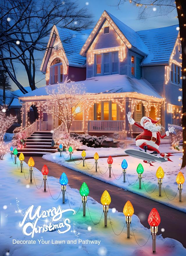 2 Pack Strawberry C9 Christmas Pathway Lights Outdoor, Total 34.8FT 20 LED | Connectable Christmas Walkway Light, Waterproof Christma Lights Outdoor Decorations for Yard Lawn Holiday Outside, Multicolor
