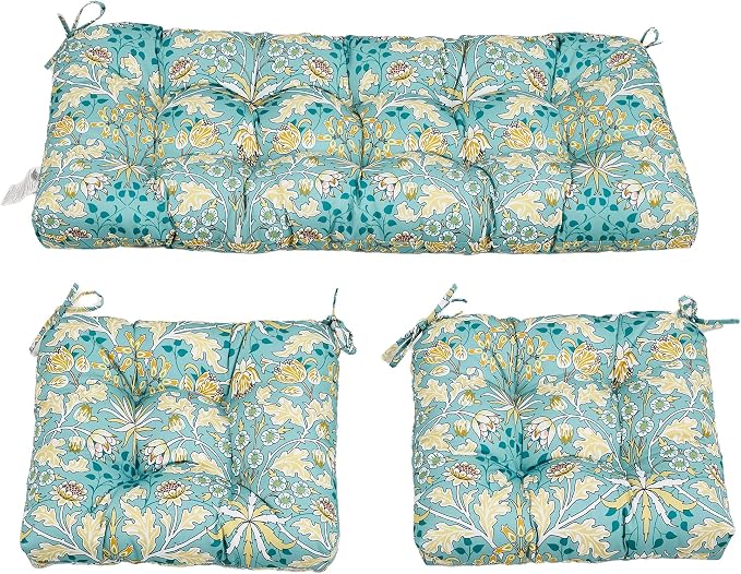 ADLIVWYD 3-Pieces Wicker Chair Cushion Set, 1 loveseat and 2 U-Shape, 44"x19" &19"x19" Tufted Outdoor Cushions for Indoor/Outdoor Patio Furniture (Teal Floral)