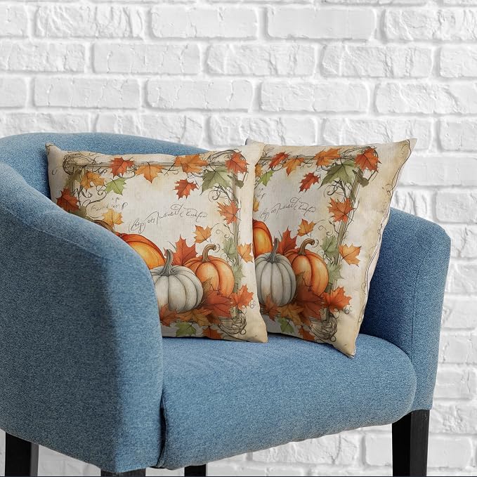 Fall Pillow Covers 22x22 Set of 2 Maple Leaves Pumpkin Pillow Covers Autumn Harvest Pillowcase Thanksgiving Vintage Cushion Case for Home Decor Couch Sofa
