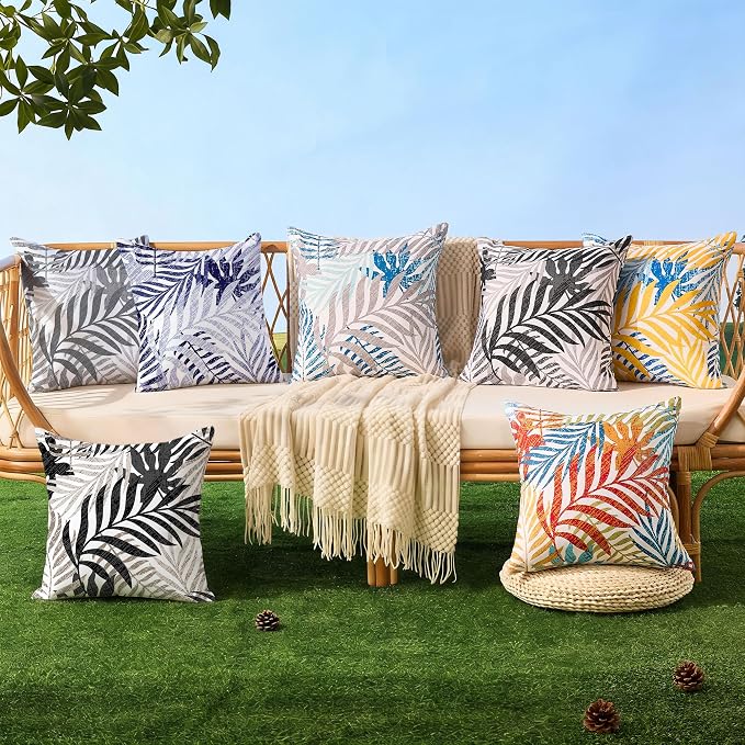 Allorry Outdoor Pillow Covers 18x18 Set of 2 Hawaii Tropics Palm Leaves Navy Blue Floral Pattern Decoration Pillow Covers for Spring Summer Outdoor Waterproof Garden Patio Sofa Bed Decor JB010-F18