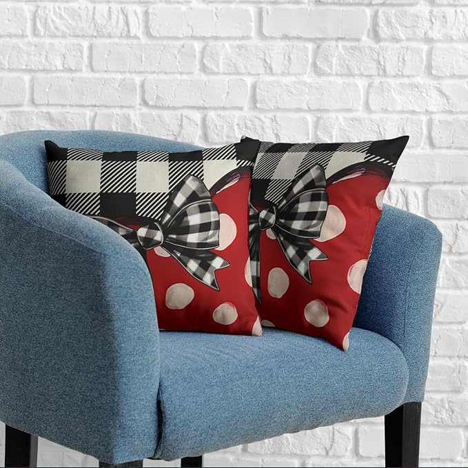 Heart Throw Pillow Covers 18x18 Buffallo Plaid Pillow Covers Polka Dot Red Love Heart with Bow Decorative Pillow Case for Living Room Couch Sofa