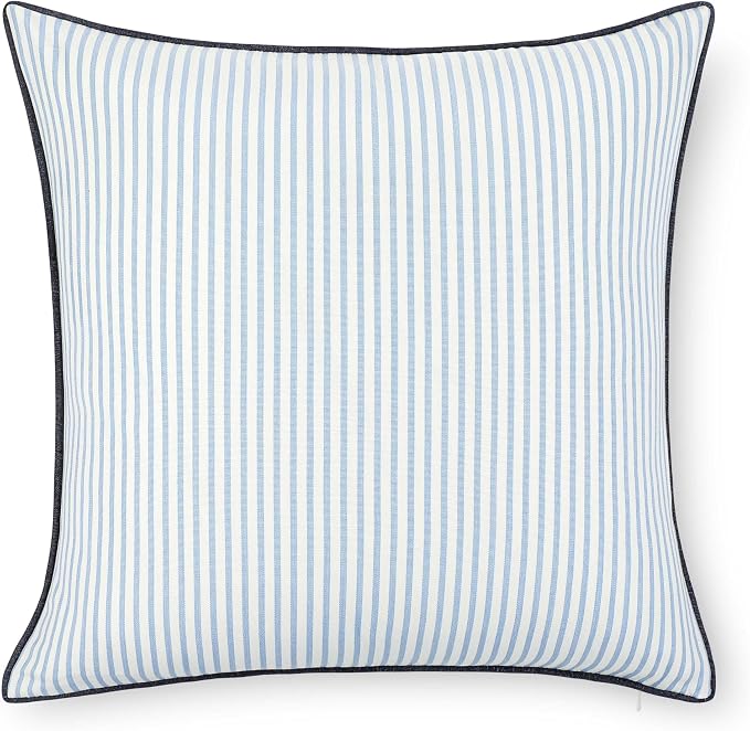 Hofdeco Premium Coastal Hampton Outdoor Performance Throw Pillow Cover Only, 20"x20" Water Repellent, UV and Fade Resistant for Backyard, Couch, Poolside, Azure Blue Indigo Woven Coastline Stripes