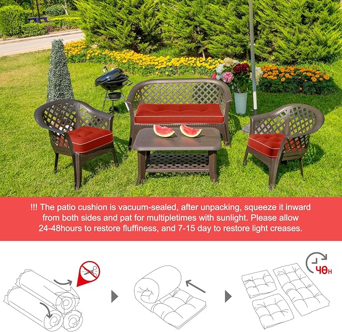 Wenqik 44 x 19 x 4 Inch Outdoor Bench Cushion Set of 3 Waterproof Tufted 1 Patio Loveseat Cushions and 2 Square Chair Seat Pad for Outdoor Furniture Couch Swing Sofa Wicker Settee(Wine Red)