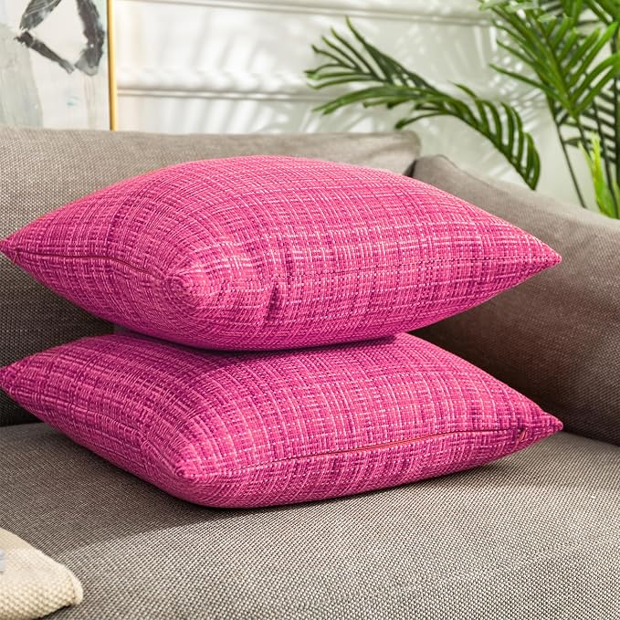 Kevin Textile Outdoor Waterproof 20x20 Inch Pillow Covers 2 Pack, Hot Pink | Water Resistant, Faux Linen Yarn-dyed, Woven Texture Throw Pillow Covers for Tent Patio Garden Couch Sofa