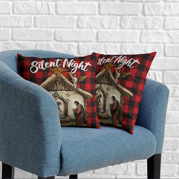 Xmas O Holy Night Silent Night Throw Pillow Covers Jesus Nativity Pillow Case Red Buffalo Plaid Christmas Pillow Covers 20x20 Set of 2 for Living Room Couch Bedroom