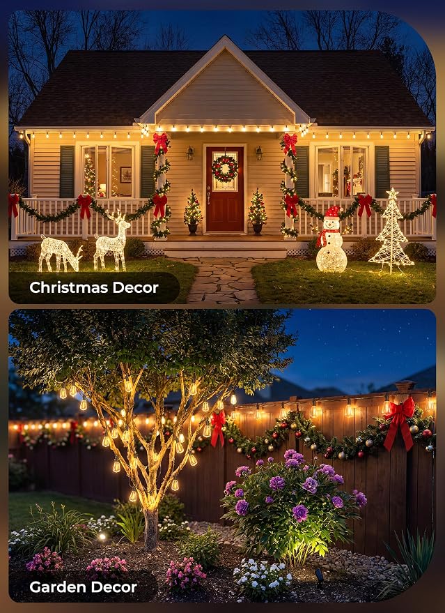 Brightown 52FT Solar String Lights Outdoor Waterproof, 26Hrs Runtime | 15+1 LED Bulbs, USB & Solar Powered, Remote Control & Dimmable Timer, Ideal for Backyard, Garden, Camping & Party Decor