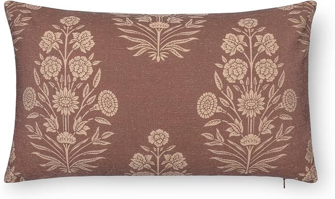 Modern Farmhouse California Casual Indoor Outdoor Lumbar Pillow Cover, 12"x20" Water Repellent for Patio, Backyard, Couch, Poolside, Cocoa Brown Tan Print Floral
