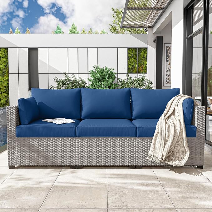 Outdoor Furniture Replacement Cushions, Waterproof Patio Furniture Cushions, 4" Deep Seat Outdoor Sectional Cushion for 3-Seat Outdoors Rattan Sofa Patio Sofa Cushion, Blue