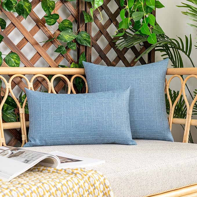 Kevin Textile Outdoor Waterproof 12”x20” Pillow Covers 2 Pack, Light Blue | Water Resistant, Soft Faux Linen-cotton Yarn-dyed Woven Texture Throw Pillow Covers for Tent Patio Garden Couch Sofa