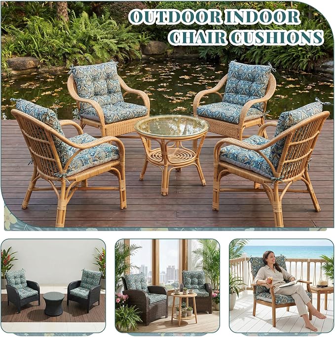 Marsui 4 Pcs Outdoor Indoor High Back Chair Cushions Patio Furniture Tufted Pillow with Ties Water-Resistant Replacement Outdoor Rocking Chair Cushions, 42 x 21 Inches (Blue,Paisley)