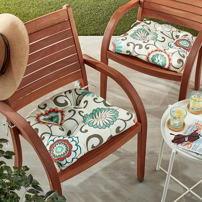 Pillow Perfect Bright Floral Indoor/Outdoor Tufted Wicker Seat Cushion With Ties, 2 Count, 17" x 17.5", Blue/Brown Pom Pom Play