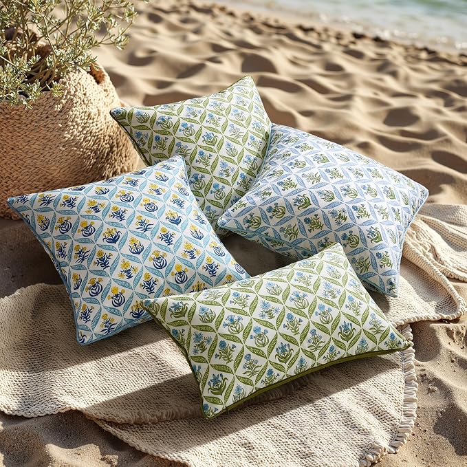 ANRODUO Floral Outdoor Waterproof Pillow Covers Set of 2 Green 12x20 Inch | Lumbar Block Print Decorative Cushion Cases With Refined Edge Piping for Summer Patio Porch Garden Couch Sofa Bench Decor