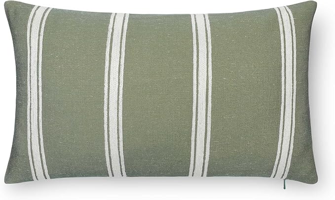 Modern Farmhouse California Casual Indoor Outdoor Lumbar Pillow Cover, 12"x20" Water Repellent for Patio, Backyard, Couch, Poolside, Oliver Green White Embroidered Stripes