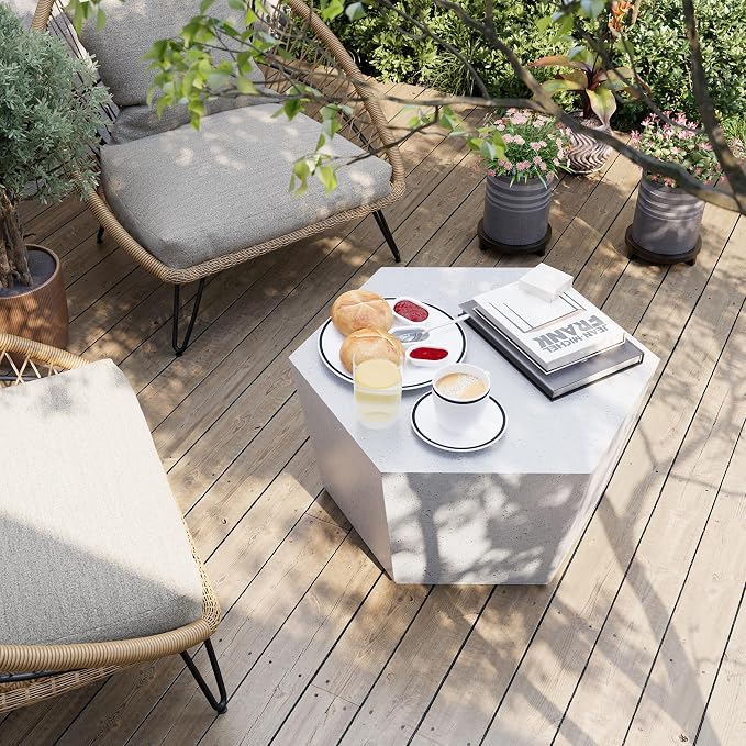 UPHA 28" Hexagon Outdoor Coffee Table, Modern Hollow Concrete Patio Table, Small Minimalist Low Accent Table for Living Room, Balcony, Deck, Backyard, Off-White