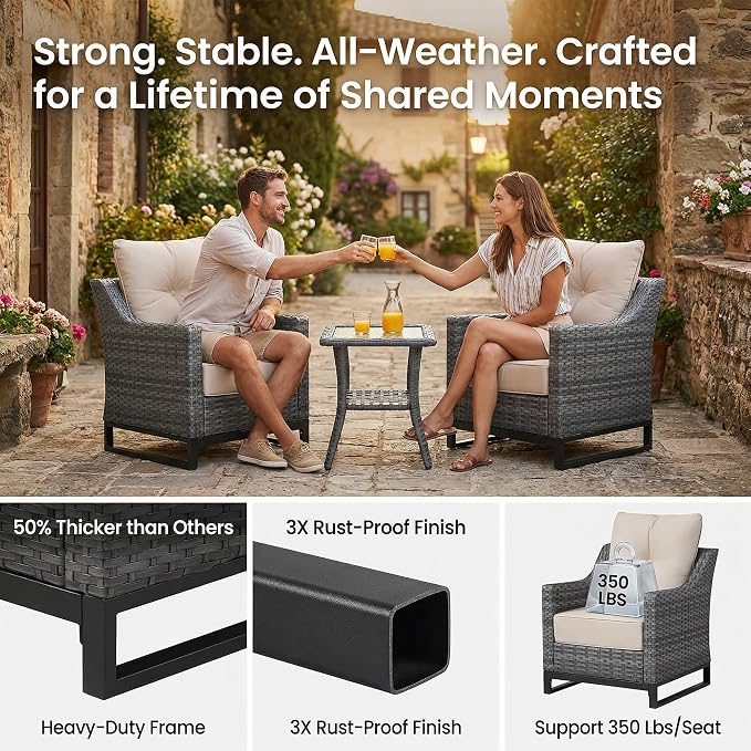 5-Piece Patio Furniture Set, Rattan Wicker Patio Set with Two Outdoor Chairs and Table, Wicker Rattan Outdoor Sofa Set with with Comfy Cushions for for Porch, Garden Poolside Balcon