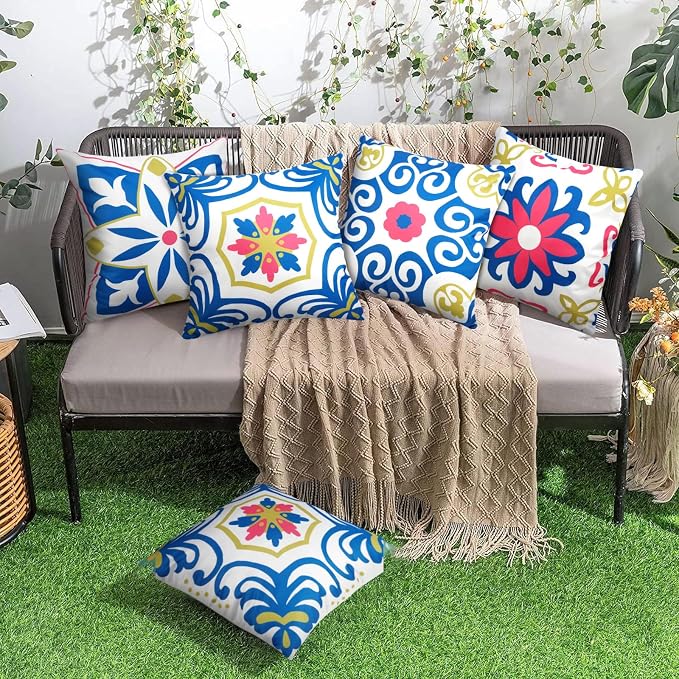 Pyonic Outdoor Pillows Waterproof Throw Pillow Covers Set of 4 Floral Printed and Boho Farmhouse Outdoor Pillow Covers for Patio Funiture Garden 18x18 Inch