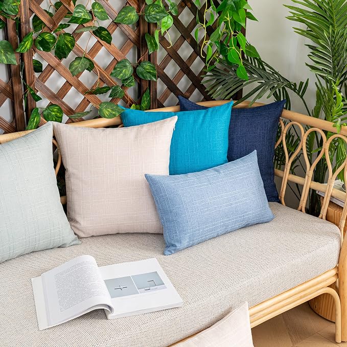 Kevin Textile Outdoor Waterproof 24”x24” Pillow Covers 2 Pack, Light Beige | Water Resistant, Soft Faux Linen-cotton Yarn-dyed Woven Texture Throw Pillow Covers for Tent Patio Garden Couch Sofa