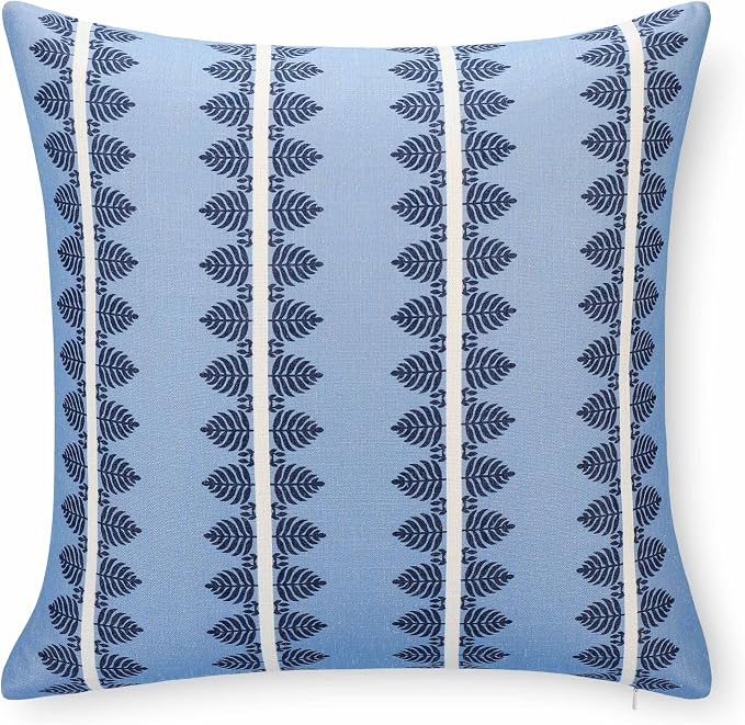 California Casual Coastal Indoor Outdoor Throw Pillow Cover, 20"x20" Water Repellent for Patio, Backyard, Couch, Poolside, Dark Navy Blue Print Leaves Stripes