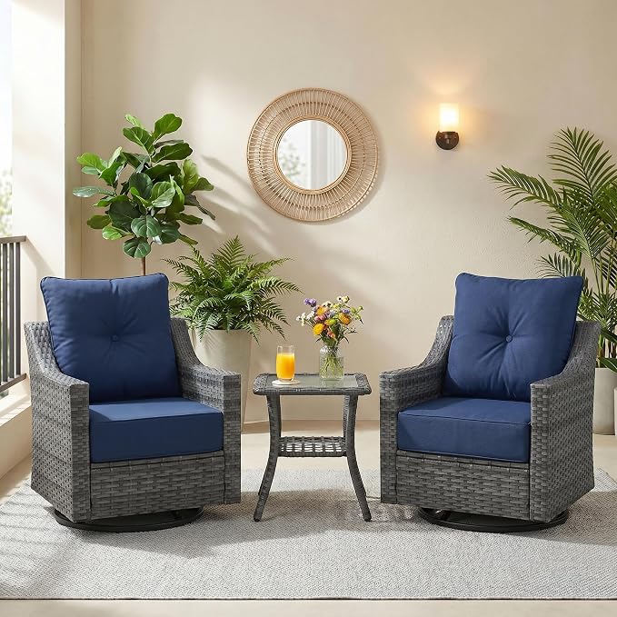 3 Pieces Patio Furniture Set with 6" Thick Cushions, All Weather Outdoor Wicker Swivel Rocker Chairs Set of 2 with Table for Porch Yard Deck