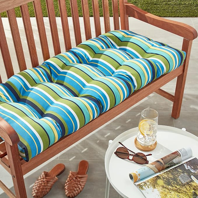 Pillow Perfect Stripe Indoor/Outdoor Sofa Setee Swing Cushion, Tufted, Weather, and Fade Resistant, 19" x 44", Blue/Green Topanga, 1 Count