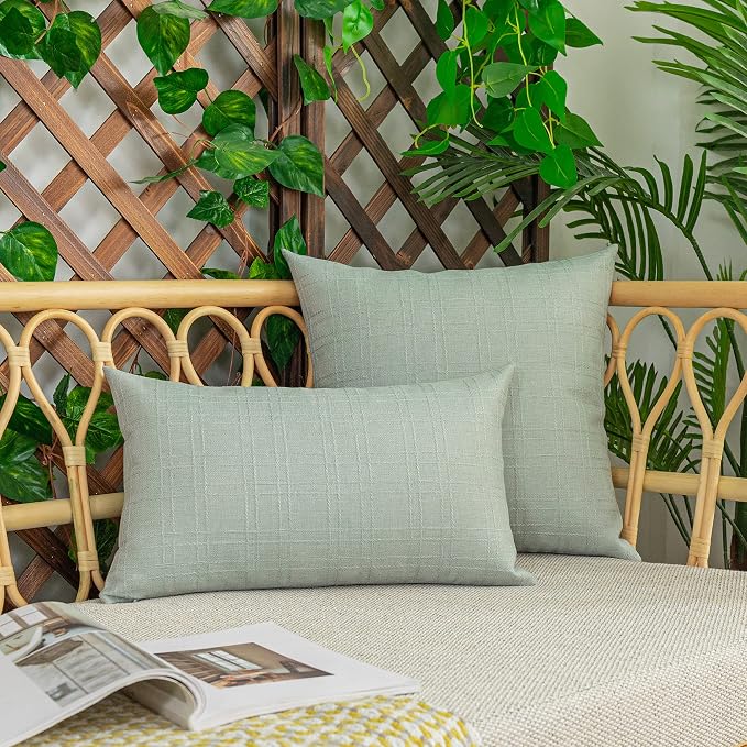 Kevin Textile Outdoor Waterproof 18”x18” Pillow Covers 2 Pack, Mint | Water Resistant, Soft Faux Linen-cotton Yarn-dyed Woven Texture Throw Pillow Covers for Tent Patio Garden Couch Sofa