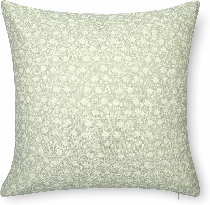 Modern Farmhouse California Casual Indoor Outdoor Throw Pillow Cover, 22"x22" Water Repellent for Patio, Backyard, Couch, Poolside, Light Green Print Botanical Flowers and Leaves