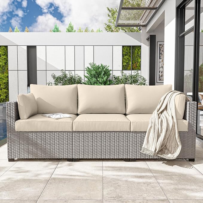 Outdoor Furniture Replacement Cushions, Waterproof Patio Furniture Cushions, 4" Deep Seat Outdoor Sectional Cushion for 3-Seat Outdoors Rattan Sofa Patio Sofa Cushion, Cream