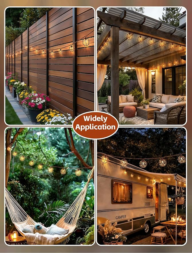8.5Ft Outdoor Decor Patio Lights,10L Beaded Copper Wire Ball Lantern Lights | Connectable Weather-Resistant Indoor Outdoor Boho String Lights for Home Pergola Campings Porch Party Backyard