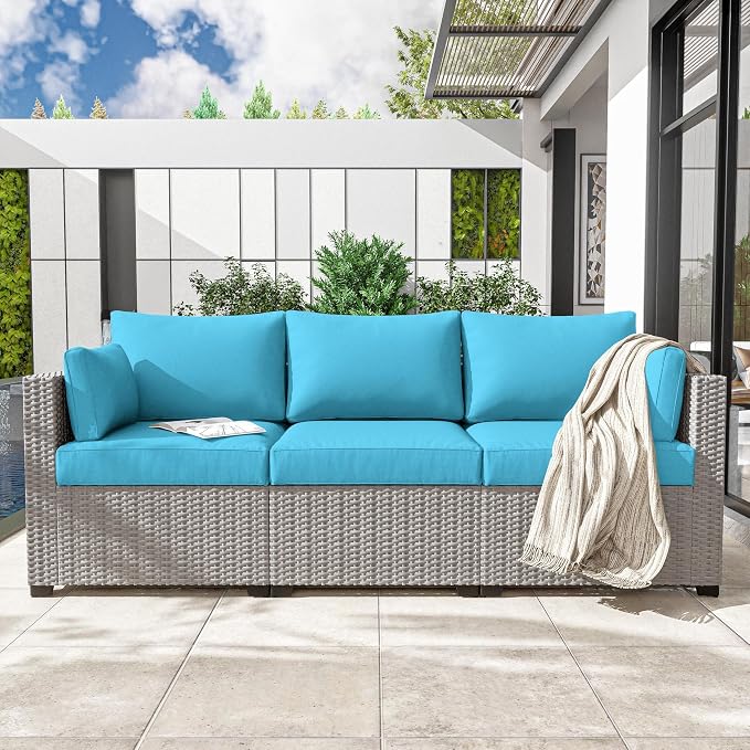 Outdoor Furniture Replacement Cushions, Waterproof Patio Furniture Cushions, 4" Deep Seat Outdoor Sectional Cushion for 3-Seat Outdoors Rattan Sofa Patio Sofa Cushion, Lake Blue