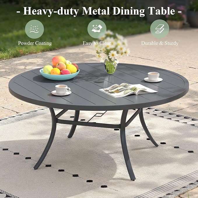 Outdoor Dining Table for 8, 53" Round Outdoor Table with Adjustable Umbrella Hole, All-Weather Metal Patio Dining Table for Lawn Garden Backyard Deck, Dark Grey