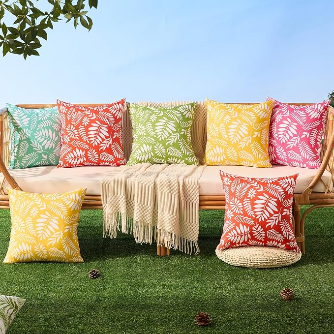 Allorry Outdoor Pillow Covers 18x18 Set of 2 Tropics Palm Leaves Brick Red Floral Pattern Decoration Pillow Covers for Summer Fall Outdoor Waterproof Garden Patio Sofa Bedroom Home Decor JB009-D18