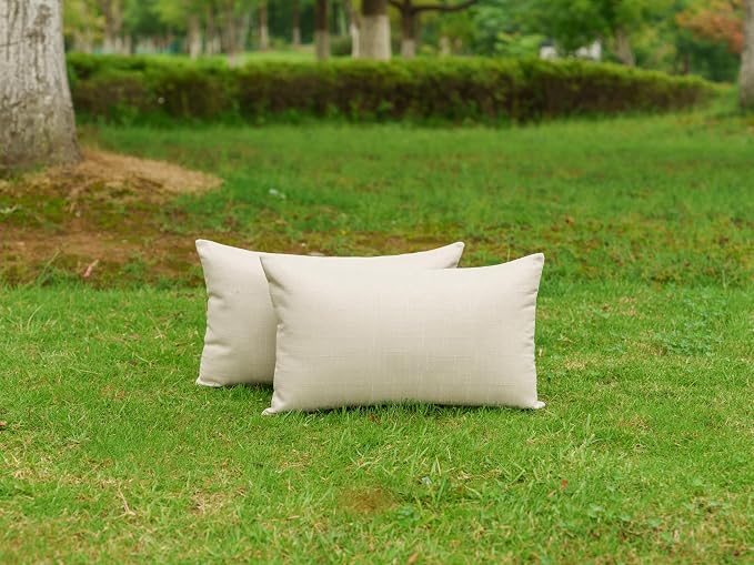 NiNi ALL Pack of 2 Decorative Outdoor Waterproof Pillow Covers Square Garden Linen Textured Cushion Sham Throw Pillowcase Set of 2 for Patio Farmhouse Garden Tent Couch 12x20 Inch Beige