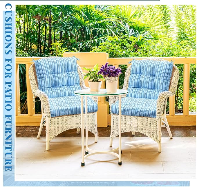 Marsui 4 Pcs Outdoor Indoor High Back Chair Cushions Patio Furniture Tufted Pillow with Ties Water-Resistant Replacement Outdoor Rocking Chair Cushions, 42 x 21 Inches (Blue Stripes,Stripes)