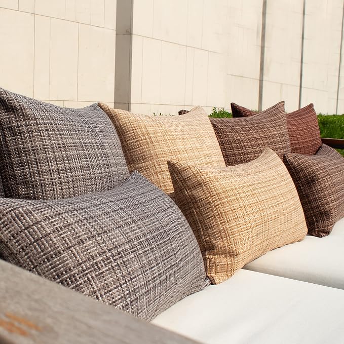 Kevin Textile Outdoor Waterproof 14"x24" Lumbar Pillow Covers 2 Pack, Beige | Water Resistant, Faux Linen Yarn-dyed, Woven Texture Throw Pillow Covers for Tent Patio Garden Couch Sofa