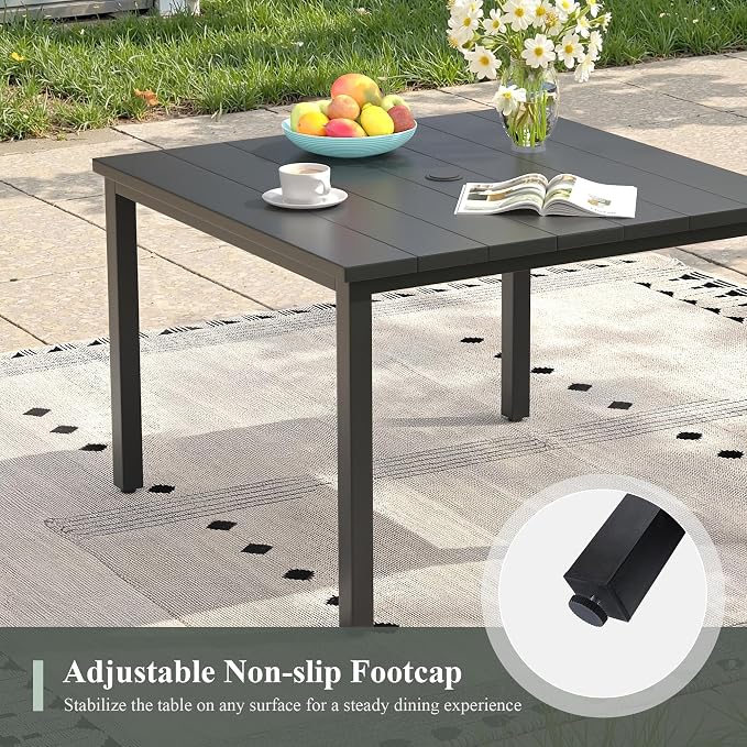 Patio Dining Set for 4, 40.2" Square Metal Table with Umbrella Hole and Stackable Wicker Patio Chairs, Outdoor Furniture Set for Deck Backyard Garden, Walnut Chairs, Black Table